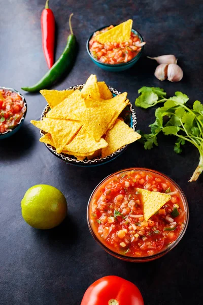 Salsa sauce with ingredients for making. Homemade mexican salsa sauce and tortilla chips on a dark background. Top view