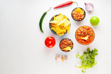 Beyaz arka planda malzemelerle geleneksel Meksika salsa sosu. Salsa sosu ve cips. Üst Manzara. Boşluğu kopyala