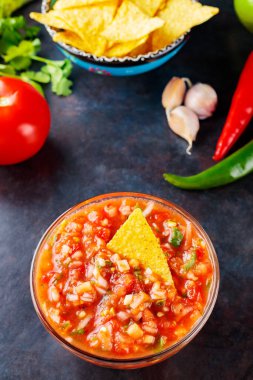 Salsa sosu ve malzemeler. Ev yapımı Meksika salsa sosu ve koyu arkaplanda tortilla cipsi. Üst görünüm