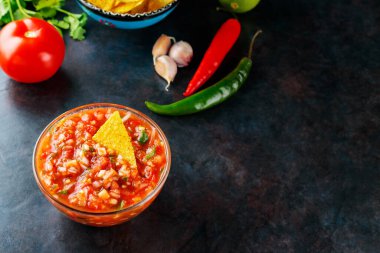 Salsa sosu ve malzemeler: domates, soğan, sarımsak, kişniş, limon, biber. Ev yapımı Meksika salsa sosu ve koyu arkaplanda nacho cipsi. Üst Manzara. Boşluğu kopyala