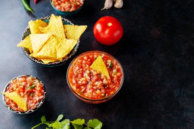 Salsa sosu ve malzemeler: domates, soğan, sarımsak, kişniş, limon, biber. Ev yapımı Meksika salsa sosu ve koyu arkaplanda nacho cipsi. Üst Manzara. Boşluğu kopyala