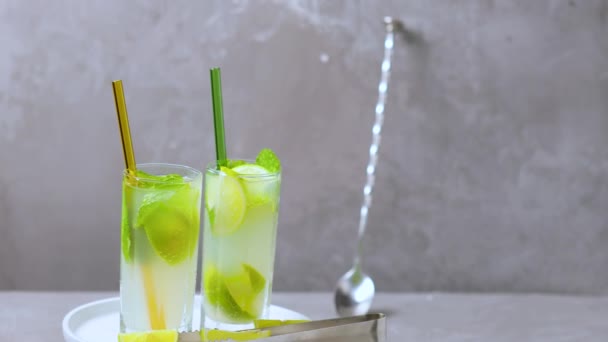 Deux Verres Mojito Sur Une Assiette Blanche Cocktail Tropical Été — Video