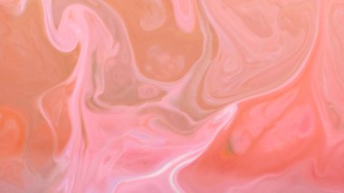 Şeftali rengi mercan arka plan. Mercan renginde akışkan sanat dokusu. Sıvı üzerinde çok renkli lekeleri olan soyut arkaplan