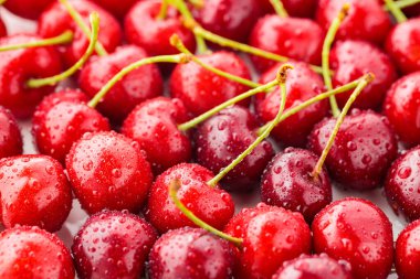Kırmızı kiraz yakın plan. Su damlalarında taze kirazlar. Diyet yemek için kırmızı böğürtlen