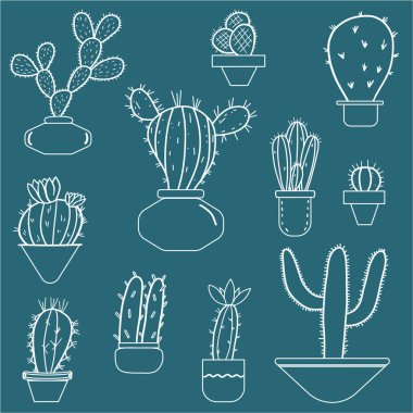Kaktüs seti. Doodle tarzı. Mavi vektör çizimi. Saksıda Meksika botanik kaktüsleri. El çizimi çizim