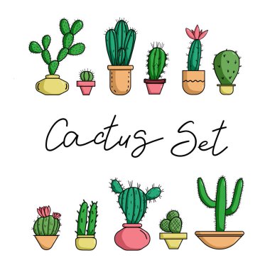 Kaktüs seti. Doodle tarzı. Renkli vektör çizimi. Saksıda Meksika botanik kaktüsleri. El çizimi çizim.