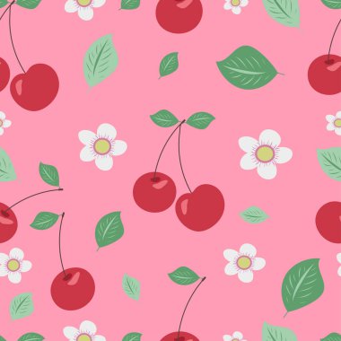 Pembe arka planda kırmızı kiraz çileği olan kusursuz bir desen. Vektör illüstrasyonu.