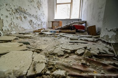 Çernobil sınırlama bölgesindeki Prypiat Hastanesi, Ukrayna. Yüksek kalite fotoğraf