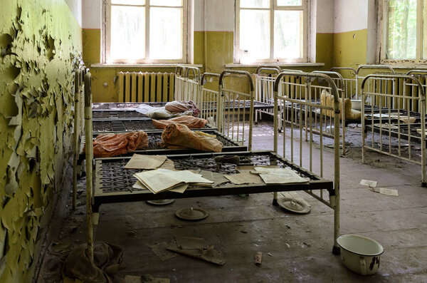 Children dormitory in Prypiat school, Chernobyl exclusion zone, Ukraine. High quality photo