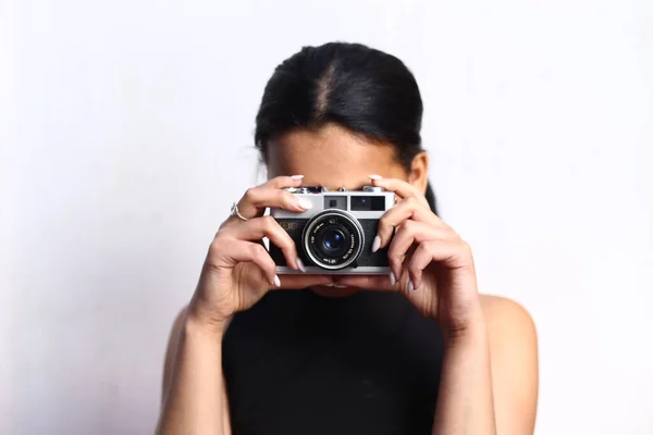 Portrait Beautiful Girl Using Video Camera — Stock Photo, Image