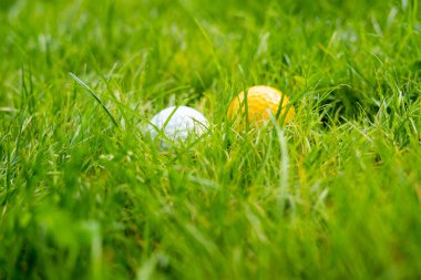 İki golf topu, beyaz ve sarı, çimenlerde bulanık.