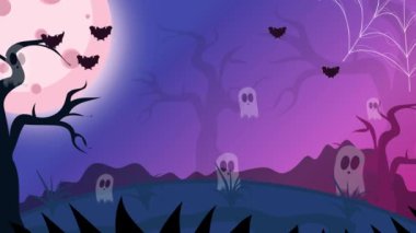 Korkunç bir atmosferde yarasalar, hayaletler, örümcek ağları ve ağaçlarla dolu cadılar bayramı geçmişi - çocuklar için animasyon videosu