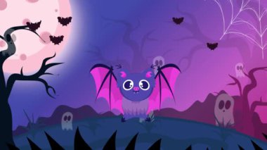 Korkunç bir atmosferde yarasalar, hayaletler, örümcek ağları ve ağaçlarla dolu cadılar bayramı geçmişi - çocuklar için animasyon videosu