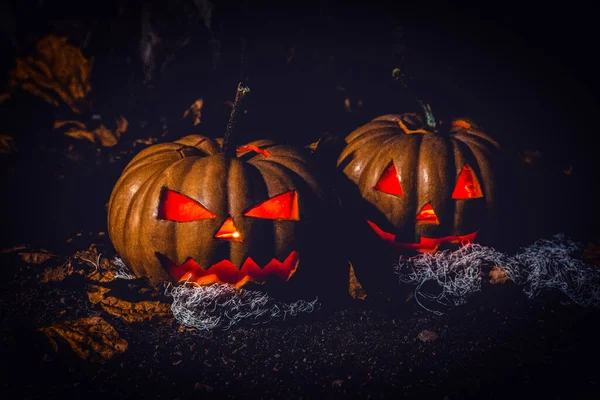 Halloween Pumpkin Glowing Neon Light Dark Background — Stock Photo, Image