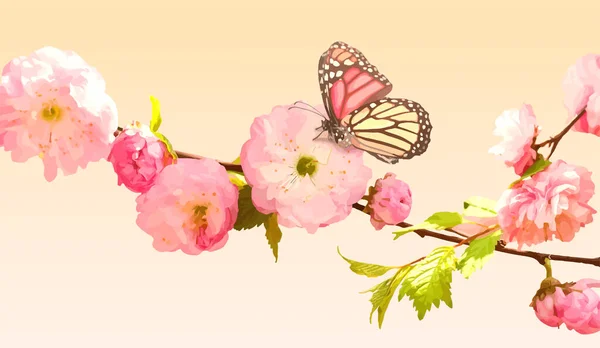 ピンクがかった背景を持つ抽象的な花と蝶のアートベクトル — ストックベクタ