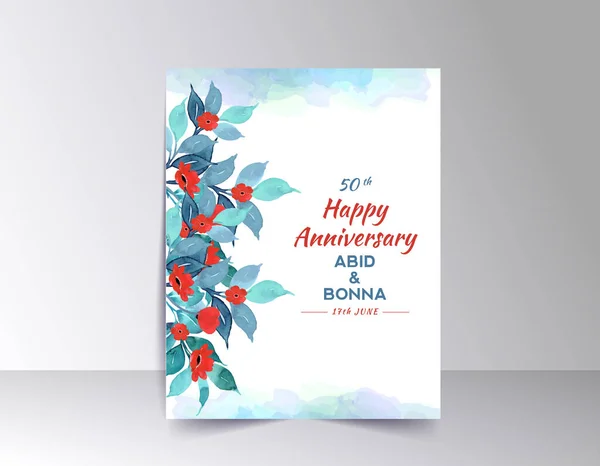 水彩を背景にしたシアンの葉と赤い花の記念日カード — ストックベクタ