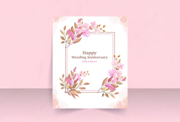 Quadratischer Rahmen Mit Rosa Kosmos Blumen Und Blätter Hochzeitstag Karte — Stockvektor