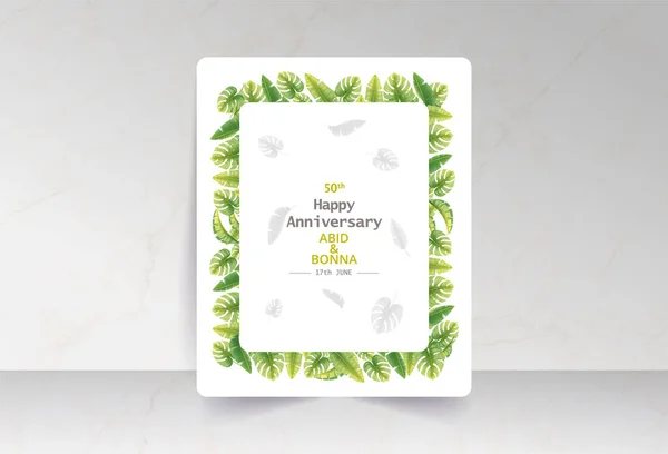 緑の熱帯の葉の正方形の角の記念日カード — ストックベクタ