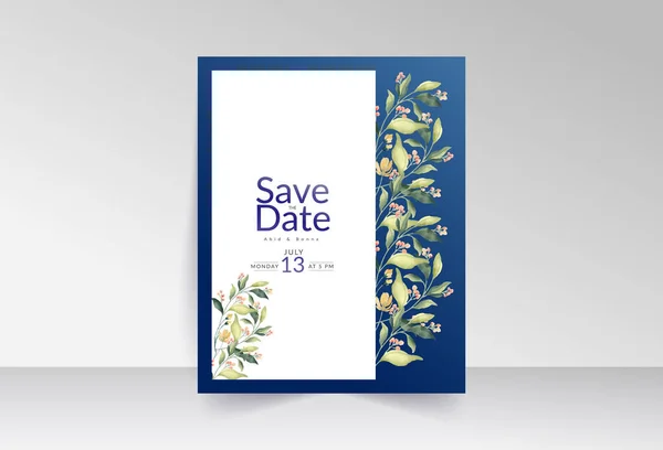 緑の葉と青の背景とピンクの野生の花は 日付カードを保存します — ストックベクタ