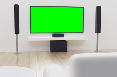 3D Rendering White ses sistemi LCD TV boş ekranlı ev sinema odasını reklam montajı için temizliyor.