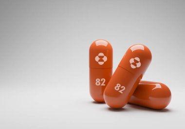 Corona virüsü (COVID-19) için Merck ve Co-3D Rending tarafından geliştirilen molnupiravir antiviral ilaç hapı. 5 Ekim 2021, Bangkok, Tayland.