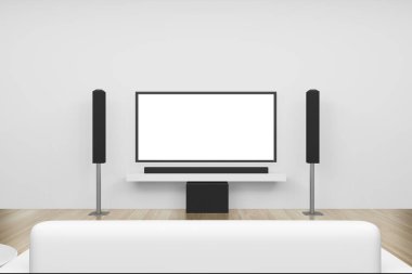 3D görüntüleme ev eğlencesi beyaz oturma odası ve televizyon boş ekranı