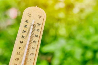 Havayı soğutmak için yeşil arka planı bulanık olan termometre bitki bahçesi bahçesinden düşük ısı