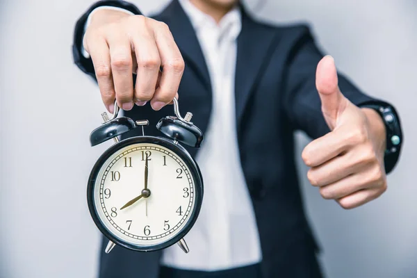 Negócios Polegar Com Despertador Para Bom Tempo Pontual Melhor Conceito — Fotografia de Stock