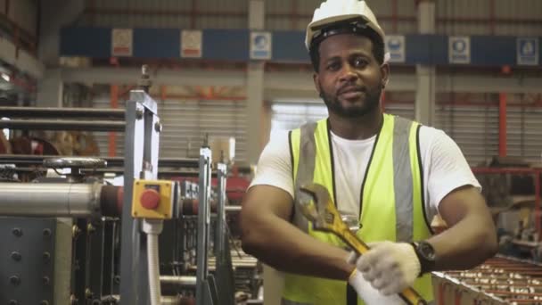 Güçlü Mutlu Siyah Işçi Ağır Sektörde Çalışıyor Kolları Çaprazlanmış Gülümsüyor — Stok video