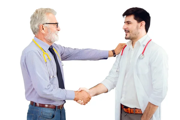 Elderly Doctor Professor Shakes Hands Congratulate New Young Doctor Student — ストック写真