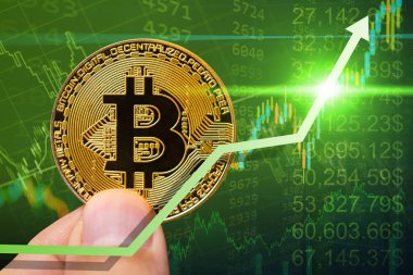 Kripto fiyatları yükseldi. Bitcoin kripto para birimi değeri yeni yüksek boğa piyasası kavramı.