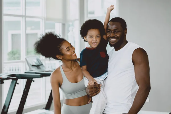 Black Family People Young Mother Son Happy Healthcare Together Fitness — Stock Photo, Image