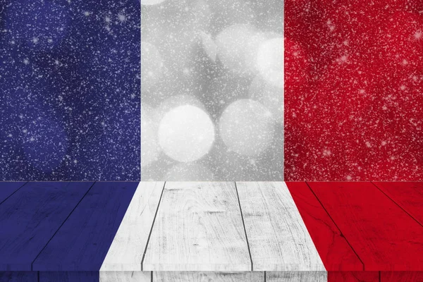 Ξύλινο Τραπέζι Γκλίτερ Blur Bokeh Φόντο Γαλλία Σημαία Έθνος Χρώμα — Φωτογραφία Αρχείου