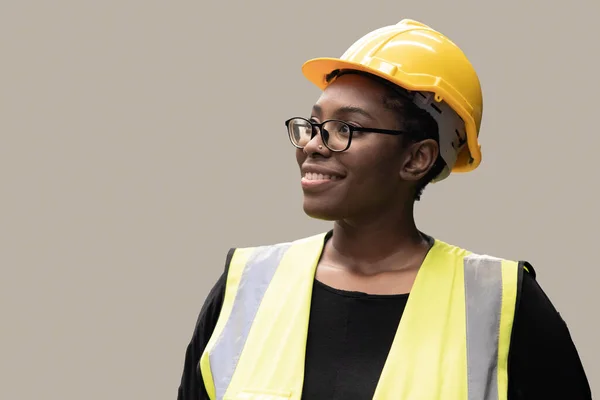 Retrato Negro Africano Inteligente Mujer Trabajador Ingeniero Feliz Sonrisa Con — Foto de Stock