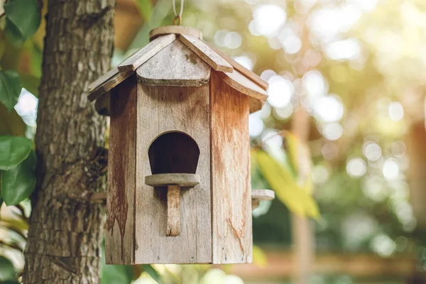 Fågelholk Trä Fågel Hem Hus Låda Vid Träd Trädgården — Stockfoto