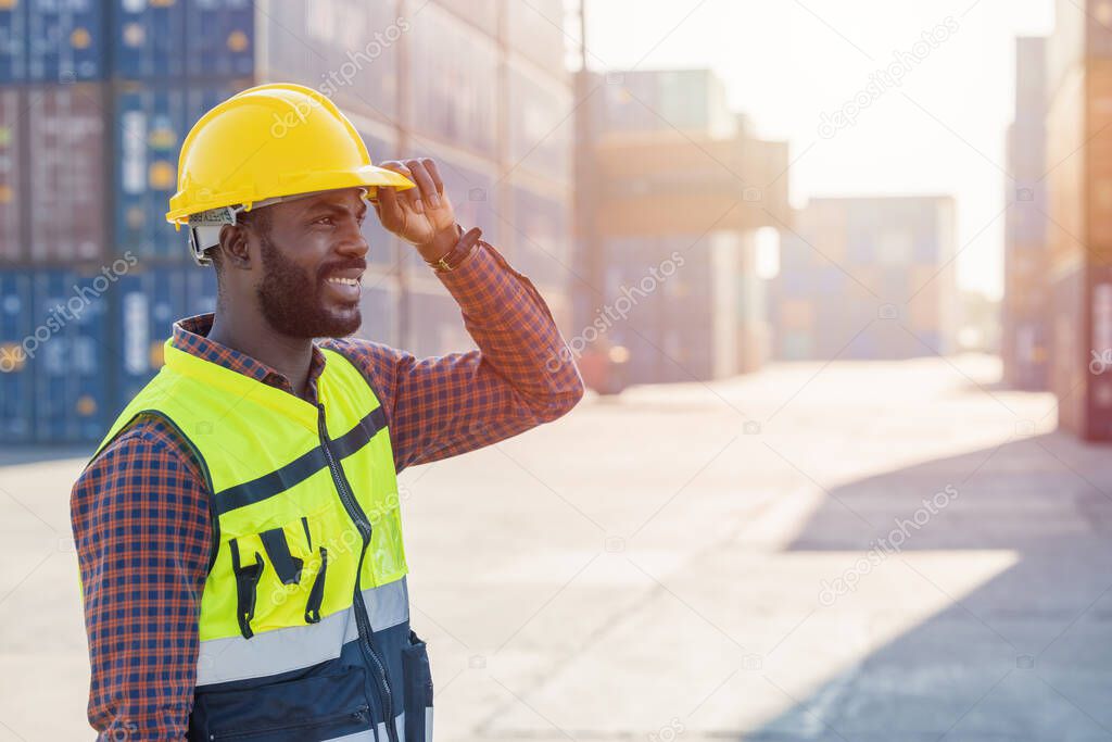 Happy  people worker work in cargo container logistic shipping port yard