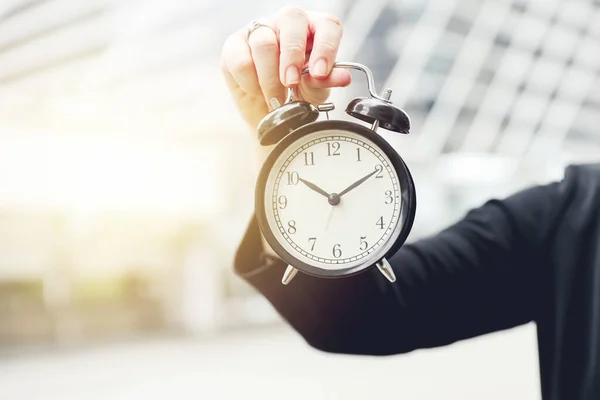 Closeup Hand Holding Alarm Clock Working Time Aware Realize Lifestyle — Stockfoto