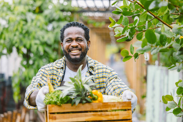 happy farmer showing agricultural home grow crops vegetables and fruits from his own farm enjoy plant working smiling.