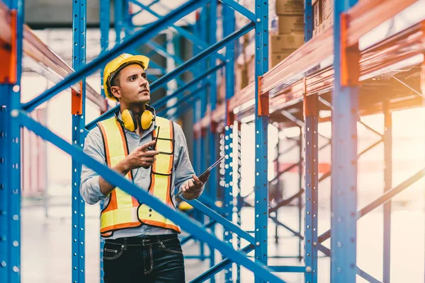 Engineer Male Checking Steel Metal Construction Warehouse Shelves Structure Building — Fotografia de Stock