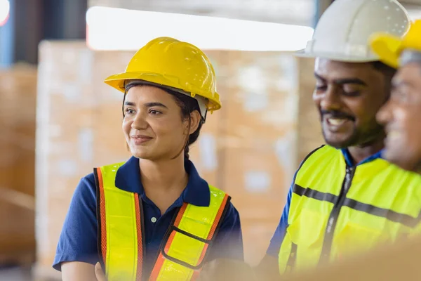 Industry Cargo Warehouse Working Woman Work Male Teamwork Happy Smile — Stock Fotó