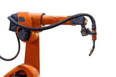 Otomasyon için Turuncu Kaynak Robot Kolu Metal kaynak endüstrisi fabrikası beyaz üzerine izole edildi