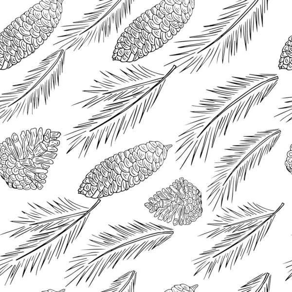 Kusursuz desenli köknar dalı, çam kozalağı, yılbaşı süsü. El çizimi, vektör.