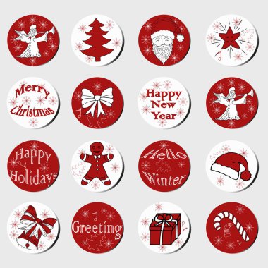 Noel ve Yeni Yıl hediyesi yuvarlak çıkartmaları. Noel etiketleri. El çizimi dekoratif unsurlar. Kırmızı ve beyaz renkli bayramlık Noel çıkartmaları koleksiyonu. Doku. Vektör. Kış mektupları.