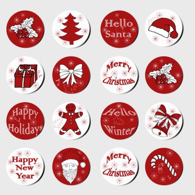Noel ve Yeni Yıl hediyesi yuvarlak çıkartmaları. Noel etiketleri. El çizimi dekoratif unsurlar. Kırmızı ve beyaz renkli bayramlık Noel çıkartmaları koleksiyonu. Doku. Vektör. Kış mektupları.