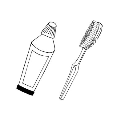 Diş fırçası ve diş macunu. El çizimi. Beyaz arka planda izole edilmiş. Logo için, simge olarak, stilize edilmiş, dekor, biçimlendirilmiş diş ögesi