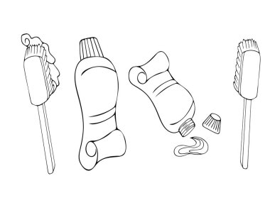 Diş fırçası ve diş macunu. El çizimi. Beyaz arka planda izole edilmiş. Logo için, simge olarak, stilize edilmiş, dekor, biçimlendirilmiş diş ögesi