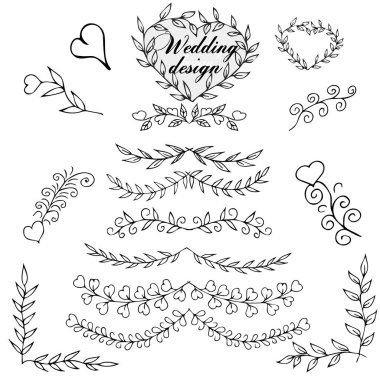 Set, güzel stilize düğün, tatil davetiyelerinin dekorasyonu için şenlikli tasarım, kartlar, ayırıcılar, çiçekli dallar. Modern güzel şablonlar. Orijinal el çizimi. Arkaplanda izole.