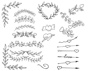 Set, güzel stilize düğün, tatil davetiyelerinin dekorasyonu için şenlikli tasarım, kartlar, ayırıcılar, çiçekli dallar. Modern güzel şablonlar. Orijinal el çizimi. Arkaplanda izole.