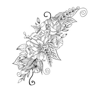 Klasik çiçek buketi gül, botanik çiçek seti, yapraklar, çimenler, böğürtlen ve dekor. El çizimi. Çiçek davetiyeleri, düğün kartları, yıldönümleri, tatiller, etkinlikler