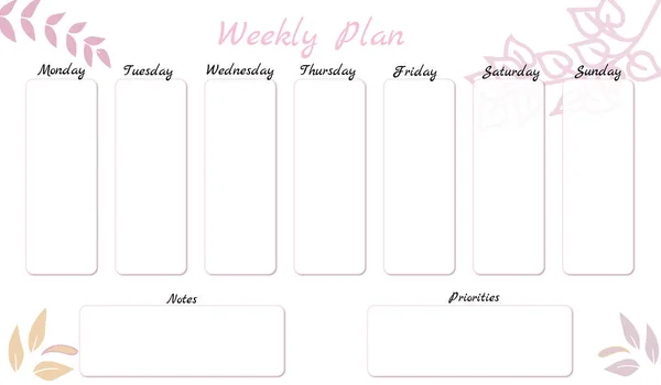 每周计划 组织者 你的笔记和笔记的策划人 带着草叶的色调 — 图库矢量图片